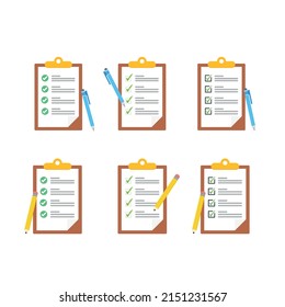Clipboard with checklists, questionnaires, feedback, assessments and pencil icons in a simple design.
