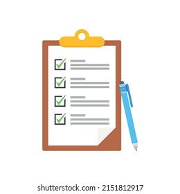Clipboard with checklists, questionnaires, feedback, assessments and pencil icons in a simple design.