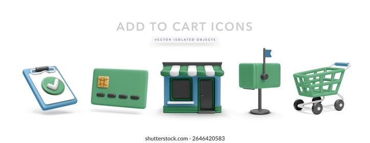 Clipboard with Checkmark, Credit Card, Storefront, Mailbox, and Shopping Cart in Clean 3D Style. Ideal for Online Shopping, E-commerce UI, and Retail Illustrations. Vector Illustration.