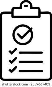 Clipboard and checkmark icons representing task completion concept as A vector illustration of a clipboard with a large checkmark symbolizing task completion and compliance in business processes. Isol