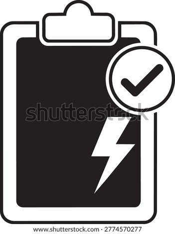 Clipboard with checkmark and lightning bolt on black background with white outline