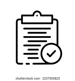Clipboard with a checkmark line icon. Document, survey, documentation, research, sheet of paper, file, approved. Business concept. Vector line icon on white background