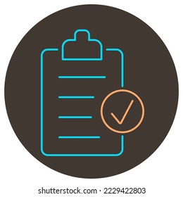 Clipboard checkmark line icon. Two color icon on round background