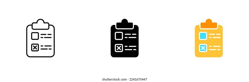 Clipboard with a checkmark set icon. Document, survey, documentation, research, sheet of paper, file, approved. Business concept. Vector icon in line, black and colorful style on white background