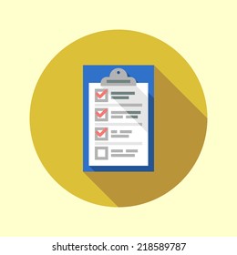 Clipboard with checkmarks long shadow flat design icon. Vector illustration.