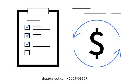 Clipboard with checkmarks next to items, dollar sign encircled by arrows. Ideal for financial planning, budgeting, expense tracking, investment strategy, savings plans, financial literacy, to-do