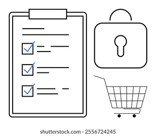 A clipboard with checkmarks, a padlock symbol, and a shopping cart. Ideal for project management, security, e-commerce, online shopping, and productivity concepts. Clean. Simple. Minimalistic