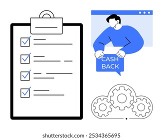 Clipboard with checkmarks, person holding cash back sign, and three interlocking gears. Ideal for task completion, rewards, productivity, business strategy, and process management. Simple vector