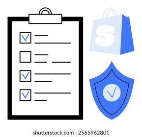 A clipboard with checkmarks, a shopping bag, and a shield icon with a checkmark Ideal for productivity, security, shopping, verification, and organization. Clean design emphasizes task completion