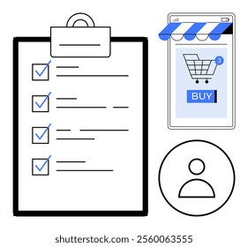 A clipboard with checkmarks, a smartphone displaying a shopping cart with a buy button, and a generic user profile icon. Ideal for online shopping, task management, user interfaces, e-commerce