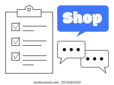 A clipboard with checkmarks, a speech bubble with the word Shop, and two chat bubbles with ellipses. Ideal for business planning, customer service, shopping, communication, and task management