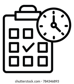 A clipboard with checks and clock, schedule planning thin line icon