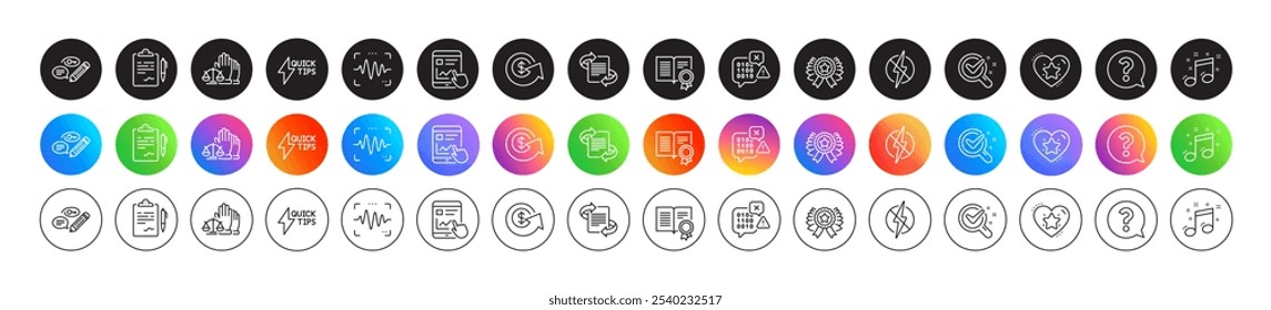 Clipboard, Chemistry lab and Musical note line icons. Round icon gradient buttons. Pack of Dollar exchange, Internet report, Keywords icon. Ranking star, Marketing, Winner ribbon pictogram. Vector