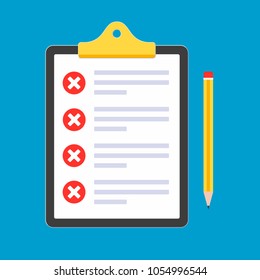 Clipboard with claim form on it, paper sheets, check marks cross X in the red circles on the list, yellow pencil isolated on light blue background vector illustration