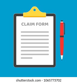 Clipboard with claim form on it, paper sheets, red pen isolated on light blue background flat style design vector illustration. Concept of fill out or online survey