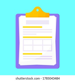 Portapapeles con el formulario de reclamación en él, hojas de papel aisladas en fondo azul claro estilo plano ilustración vectorial. Concepto de formulario de solicitud de seguro de cobertura o encuesta en línea.