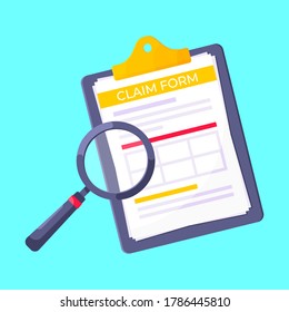 Clipboard with claim form on it, paper sheets, magnifying glass isolated on white background flat style design vector illustration. Concept of fill out or online survey insurance application form.