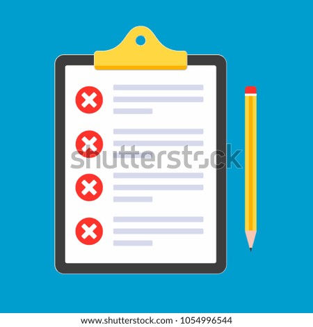 Clipboard with claim form on it, paper sheets, check marks cross X in the red circles on the list, yellow pencil isolated on light blue background vector illustration