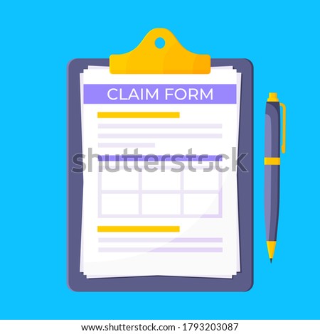 Clipboard with claim form on it, paper sheets, pen isolated on blue background flat style design vector illustration. Concept of fill out or online survey insurance application form.