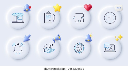 Clipboard, Clock and Face detect line icons. Buttons with 3d bell, chat speech, cursor. Pack of Lightweight, Puzzle, Notification bell icon. Market, Friends chat pictogram. Vector