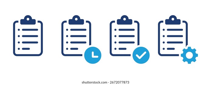 Zwischenablage mit Uhr und Zahnradsymbolsatz, Aufgabenliste und Checklistensymbol, Vektordesign