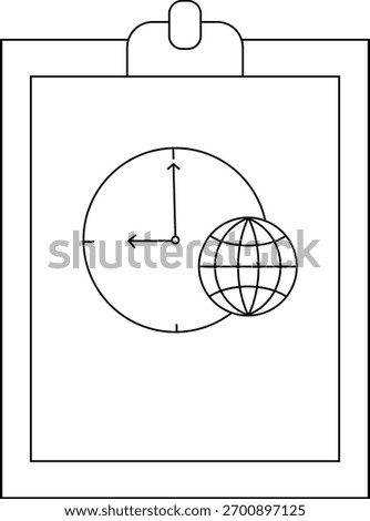 Clipboard with a clock and globe displayed on the attached paper lines are black on white