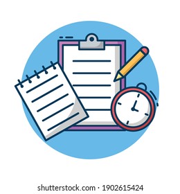Clipboard, Clock  And Pencil Vector Illustration. Online Education Concept Isolated On White Background. Suitable for sticker, banner, web landing page, icon and more.