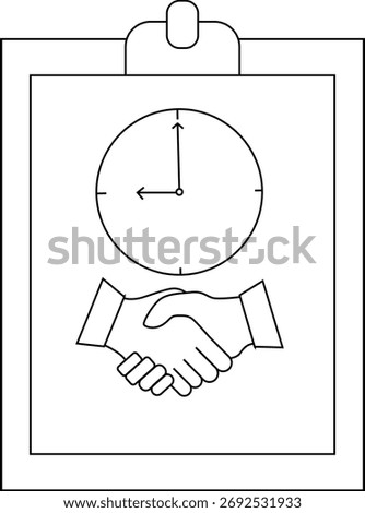 Clipboard with a clock set to 900 above a handshake illustration