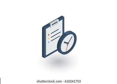 clipboard and clock, to-do list isometric flat icon. 3d vector colorful illustration. Pictogram isolated on white background