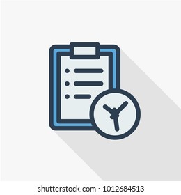 clipboard and clock, to-do list thin line flat color icon. Linear vector illustration. Pictogram isolated on white background. Colorful long shadow design.