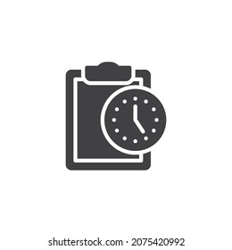 Clipboard with clock vector icon. filled flat sign for mobile concept and web design. glyph icon. Time management symbol, logo illustration. Vector graphics
