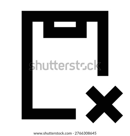 Clipboard close icon in sharp bold line style, featuring a clipboard with an X mark to indicate cancel, delete, or dismiss. Perfect for UI, task apps, forms, and content management systems.
