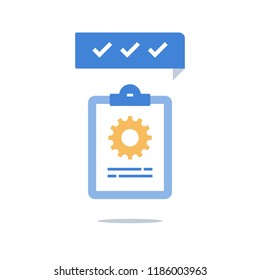 Clipboard and cogwheel, technical support check list, team work solution, project management, software upgrade, testing services, vector icon, flat design illustration