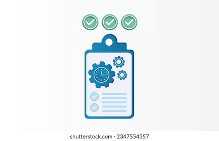 Portapapeles y rueda cognoscitiva, lista de comprobación de soporte técnico, solución de trabajo en equipo, gestión de proyectos, actualización de software, servicios de prueba.en fondo blanco.Ilustración de diseño de vectores.