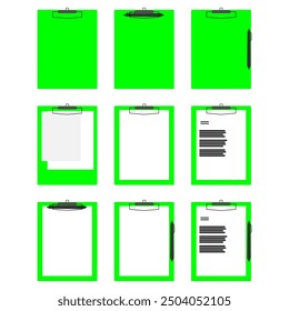 Zwischenablagensammlung. Notizen. Datei. pädagogisch. Schreibwaren. Schule. Abbildung. flacher Stil. Vektor. Zeichen. -Symbole. Cartoon-Stil. Büro. Bericht. Werkzeug. Prüfung. Ausrüstung. Papier. Pen. grüne Zwischenablage