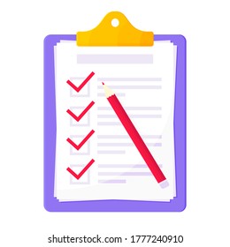 Clipboard with complete checklist flat style design icon sign vector illustration isolated on white background. Complete to do tasks application form or survey document business concept.