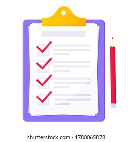 Clipboard with complete checklist flat style design icon sign vector illustration isolated on white background. Complete to do tasks application form or survey document business concept.