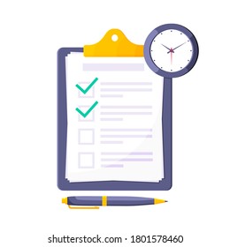 Clipboard with complete checklist flat style design icon sign vector illustration isolated on white background. Complete to do tasks application form or survey document business concept.