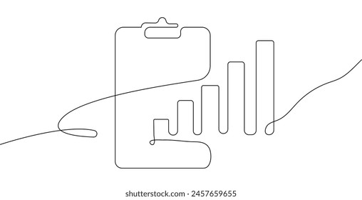 Clipboard with a continuous line drawing style, featuring a growth graph icon symbolizing business success and financial growth.