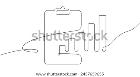 Clipboard with a continuous line drawing style, featuring a growth graph icon symbolizing business success and financial growth.