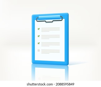 Clipboard with contract papers on a floor. 3d vector illustration