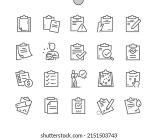 Clipboard. Contract, results, checklist. Page, list, paper and document. Pixel Perfect Vector Thin Line Icons. Simple Minimal Pictogram