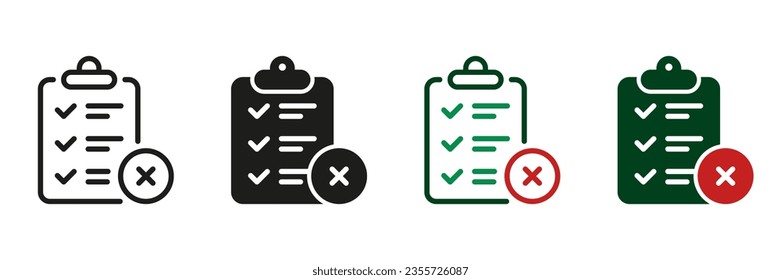 Clipboard with Cross, Delete Document Line and Silhouette Icon Set. Reject Agreement Pictogram. Wrong Checklist, Remove Data Sign. Cancel Contract Symbol Collection. Isolated Vector Illustration.