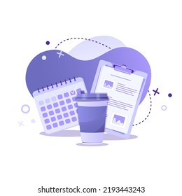 Clipboard, cup of coffee and calendar vector illustration. Office work, coffee break, planning, time management, schedule and online education concept for banner, website, social media, app and flyer.