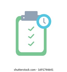 portapapeles con informe de entrega e icono de reloj sobre fondo blanco, estilo plano, ilustración vectorial