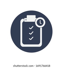 portapapeles con informe de entrega e icono de reloj sobre fondo blanco, estilo de bloque, ilustración vectorial