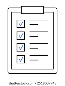 Uma área de transferência exibindo uma lista de verificação com quatro itens, três dos quais estão desmarcados. Ideal para gerenciamento de tarefas, organização, planejamento de projetos, controle de metas e produtividade. Arte de linha simples