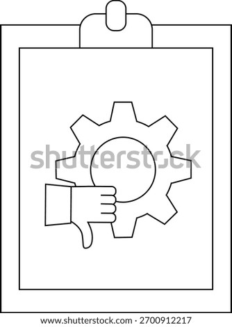 A clipboard displaying a gear grasped by a hand giving a thumbs down