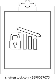 Uma área de transferência que exibe um cadeado desbloqueado adjacente a um gráfico de barras descendente com uma seta para baixo