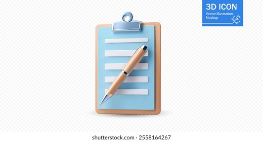 A clipboard displays several blank lines for writing notes, accompanied by a pen resting on top. This setup is ideal for meetings, events, or planning sessions.